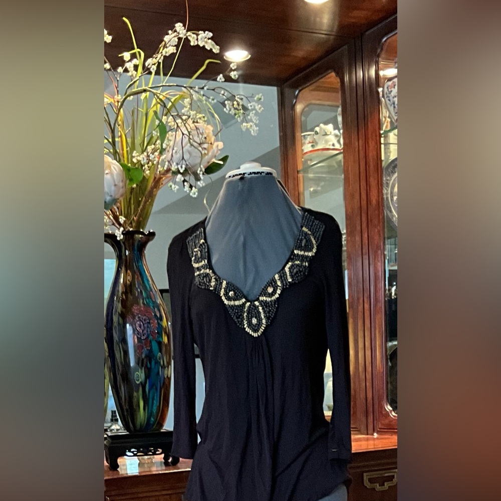 Black Embellished V-Neck Women's Top
